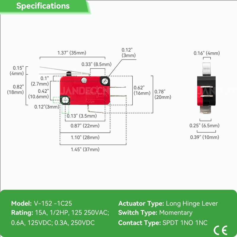 JANDECCN 10Pcs Lead Limit Switch Hinge Lever, SPDT 1NO 1NC Snap Action Micro Switch V-152-1C25 - Image 4